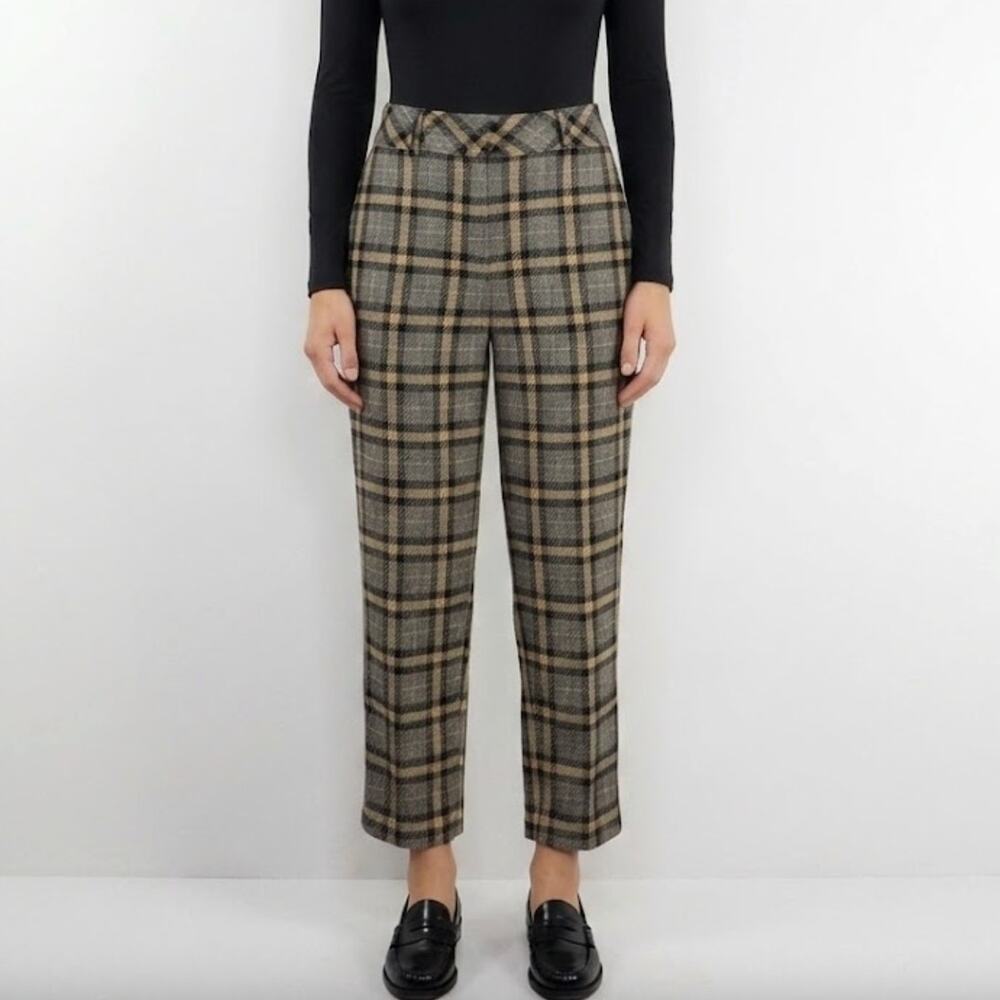 H&M Tan Black Plaid High Rise Straight Leg Trousers Pants Size 4